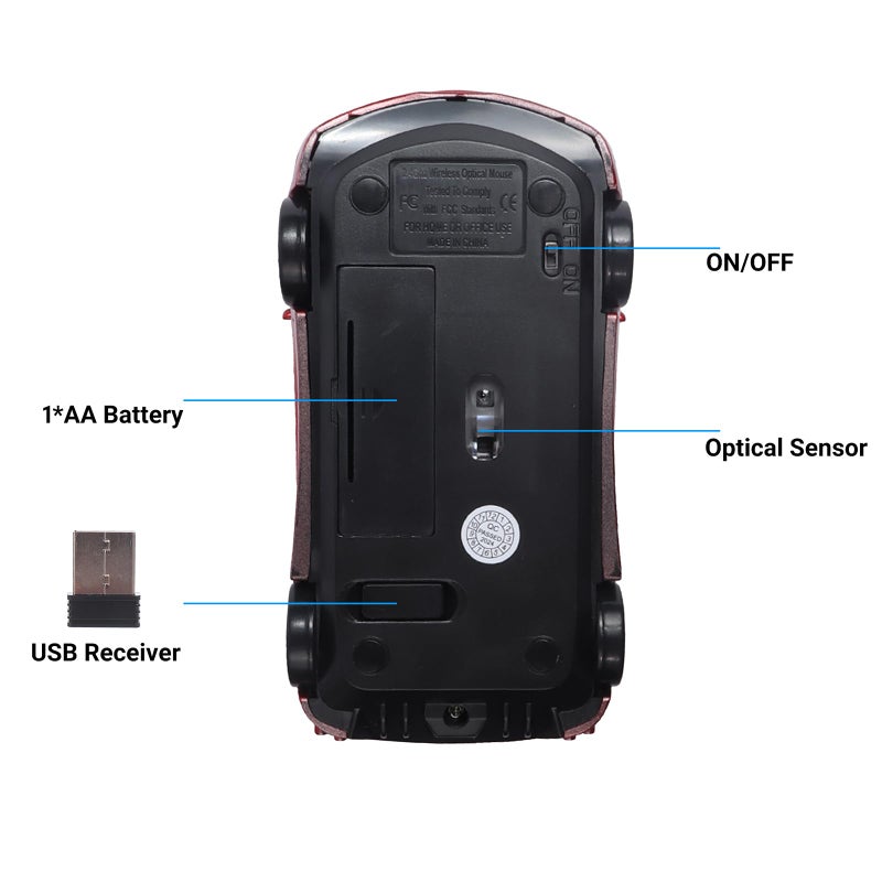 elec Space Wireless Mouse, 2.4GHz Cool Sport Car Shape Computer Mouse 1600 DPI Optical Cordless Mice with USB Receiver for PC Laptop Computer Notebook (Red) - Image 4